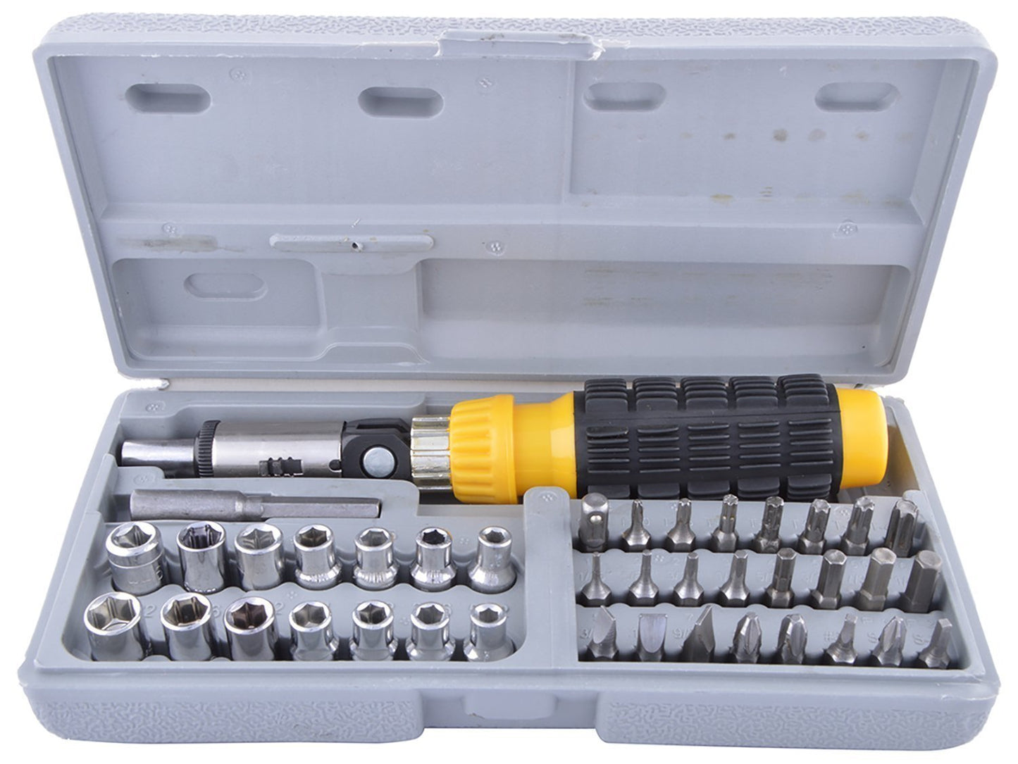 41-piece socket and screwdriver tool kit, socket tool kit, screwdriver set 41 pcs, ratchet wrench set, drill-compatible bit set, chrome tool set, DIY tool kit, socket set with case