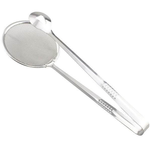 Kitchen filter spoon with clip, stainless steel, multi-functional. 2 in 1 fry tool, stainless steel strainer spoon, cooking tongs with clip, oil filter spoon, BBQ tongs, multi-functional kitchen tool, frying strainer, mesh spoon for frying, food lifter with strainer, stainless steel kitchen tong, Indian kitchen fry tool