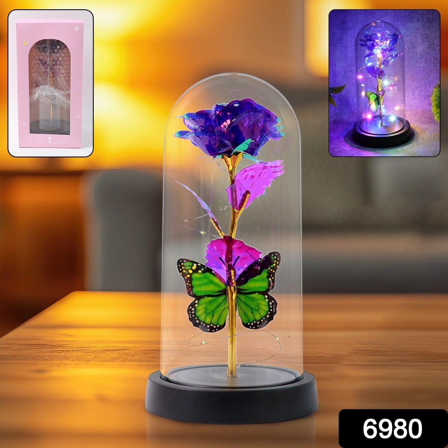 glass dome preserved rose nightlight, Valentine’s gift preserved rose lamp, decorative LED flower dome for bedroom, glowing rose night lamp with butterflies, unique romantic LED flower gift for her, aesthetic preserved rose lamp for couples