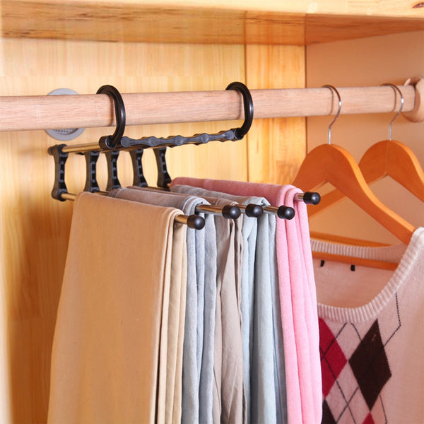 Adjustable pants organizer with easy-to-use clips for clutter-free closets. multi-layer pants hanger, 5 in 1 trouser hanger, folding pants rack, closet space saver, stainless steel pants hanger, travel trouser hanger, wardrobe organizer
