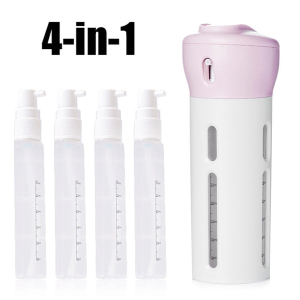 Travel cosmetic container set with 4 bottles, travel dispenser bottle, 4-in-1 travel bottle, leak-proof cosmetic container, refillable travel bottles, multicolor travel kit, travel toiletry bottle