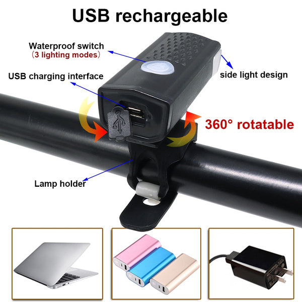 USB bike headlight, 400 lumen cycle light, rechargeable bicycle light, smart anti-glare bike lamp, waterproof headlight, cycle front light, USB cycle flashlight, night ride bicycle light, PVC bike light