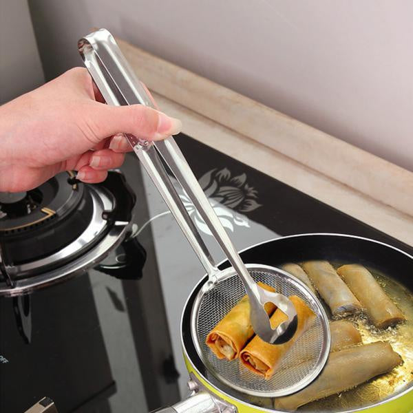 Stainless steel filter spoon with clip for kitchen use. 2 in 1 fry tool, stainless steel strainer spoon, cooking tongs with clip, oil filter spoon, BBQ tongs, multi-functional kitchen tool, frying strainer, mesh spoon for frying, food lifter with strainer, stainless steel kitchen tong, Indian kitchen fry tool