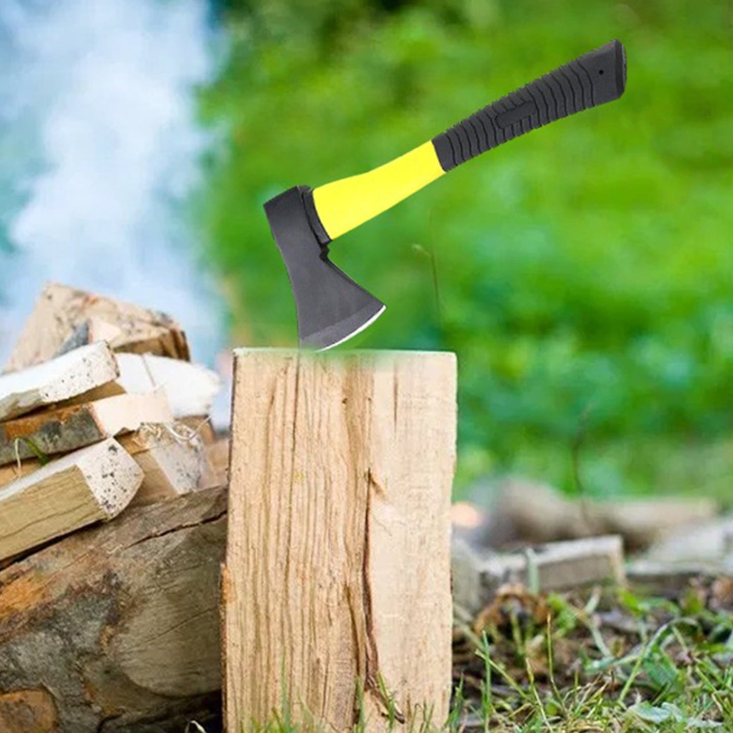 Fiberglass body wood cutting axe with a rubberized grip, emphasizing its functional design, hatchet axe, fiberglass axe, wood cutting axe, gardening axe, camping hatchet, outdoor axe, safety axe, lightweight axe, rubber grip axe, 685g axe