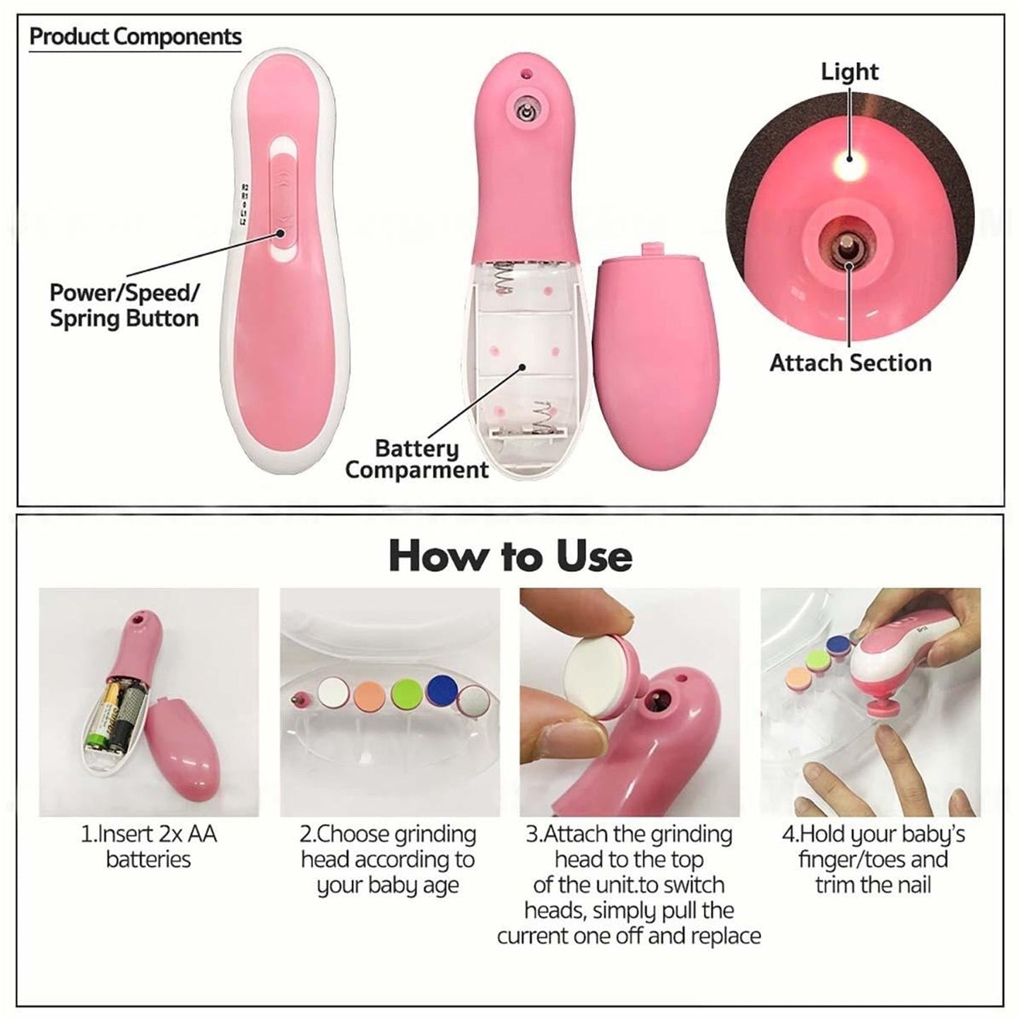 Baby nail trimmer with multiple grinding heads, baby nail trimmer, electric nail file for baby, newborn nail cutter, nail trimmer with LED light, baby grooming tool, safe nail file, toddler nail cutter