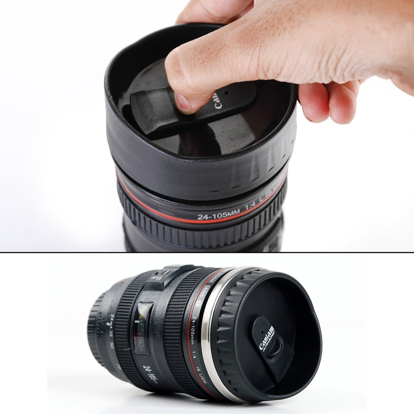 Stainless steel coffee mug with a plastic camera lens appearance, displaying the detailed design, camera lens coffee mug, photography mug, coffee mug with lid, 350ml travel cup, DSLR lens mug, coffee gift for photographers, insulated beverage mug