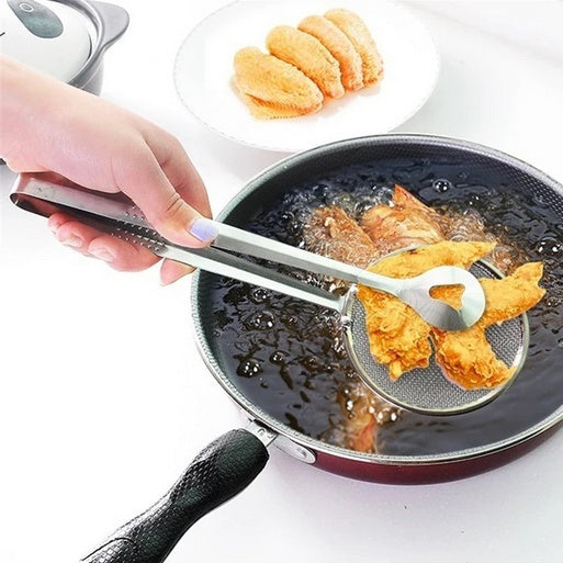 Multi-functional stainless steel filter spoon with clip. 2 in 1 fry tool, stainless steel strainer spoon, cooking tongs with clip, oil filter spoon, BBQ tongs, multi-functional kitchen tool, frying strainer, mesh spoon for frying, food lifter with strainer, stainless steel kitchen tong, Indian kitchen fry tool