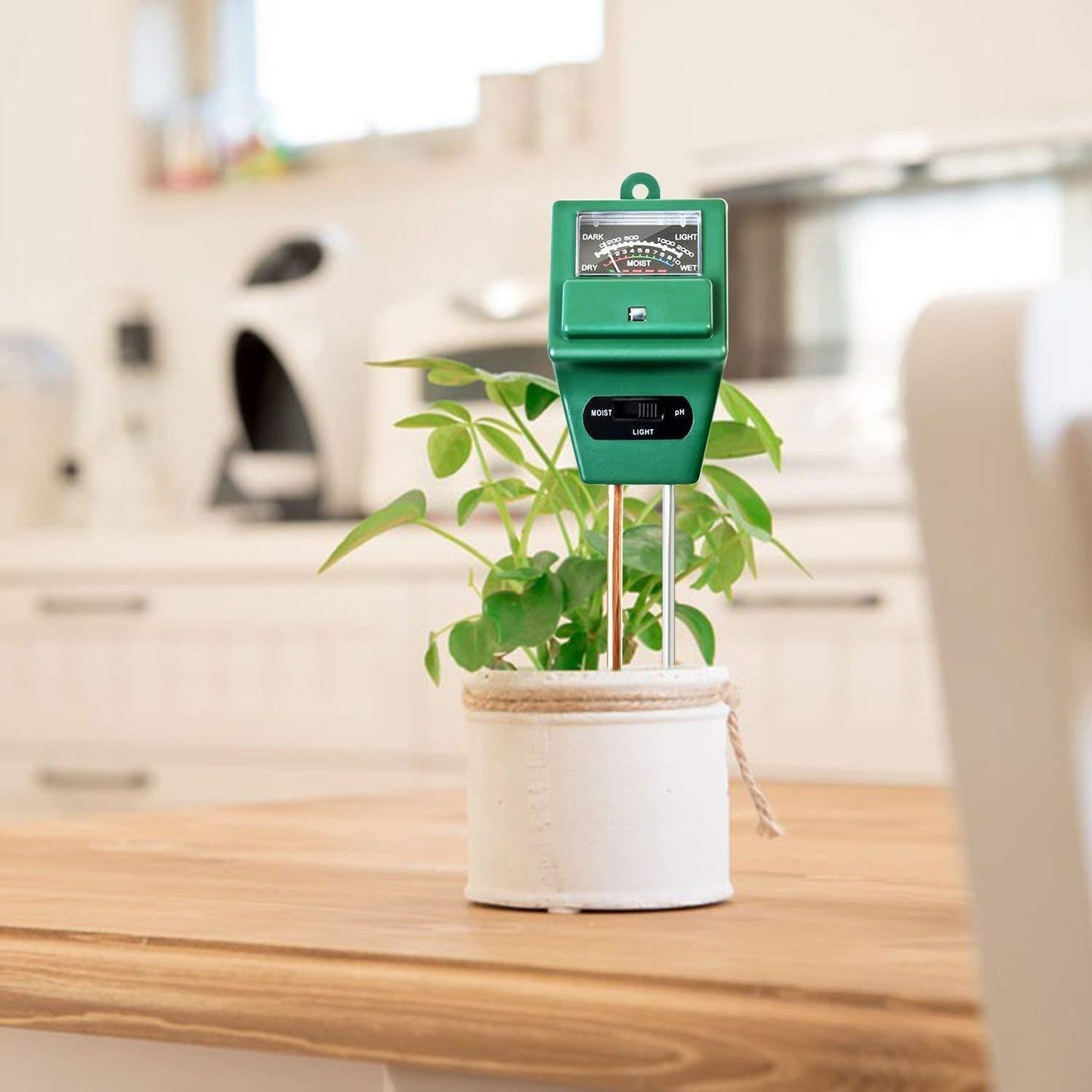3-way soil meter for pH and moisture testing. 3-in-1 soil meter, gardening soil tester, moisture and pH meter, plant light sensor, soil analyzer for garden, no battery soil tool