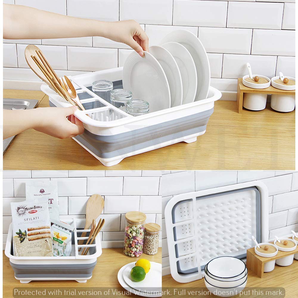 Collapsible silicone drainer rack for dishes with storage for utensils. collapsible dish drying rack, folding kitchen drainer, silicone dish rack, drying tray with utensil holder, rustproof dish drainer, compact dish drying rack, camping dish drainer, countertop dish tray, dishwasher safe dish rack, kitchen drying stand