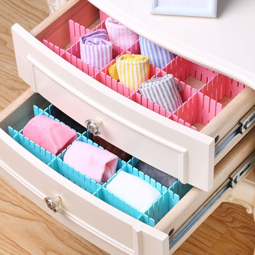 Adjustable dividers and organizers for kitchen drawers. drawer organizer, kitchen drawer divider, adjustable drawer separators, makeup storage grid, multicolor drawer organizer, plastic drawer divider, closet organizer, office drawer separator, DIY drawer storage