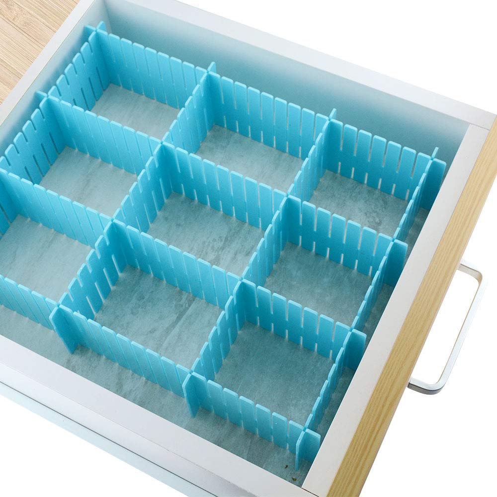 Drawer organizer and kitchen divider set in use. drawer organizer, kitchen drawer divider, adjustable drawer separators, makeup storage grid, multicolor drawer organizer, plastic drawer divider, closet organizer, office drawer separator, DIY drawer storage
