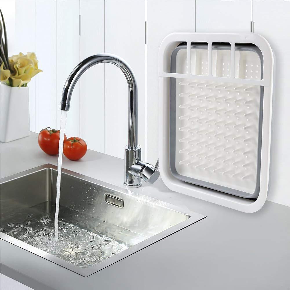 Folding silicone dish rack with storage for spoons, forks, and knives. collapsible dish drying rack, folding kitchen drainer, silicone dish rack, drying tray with utensil holder, rustproof dish drainer, compact dish drying rack, camping dish drainer, countertop dish tray, dishwasher safe dish rack, kitchen drying stand