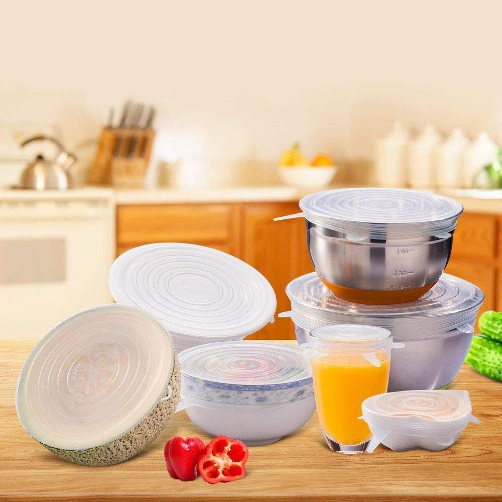 Reusable silicone food covers, silicone stretch lids set, reusable food covers, BPA free silicone lids, airtight silicone lids, microwave safe food lid, eco-friendly food storage covers, flexible kitchen lid set