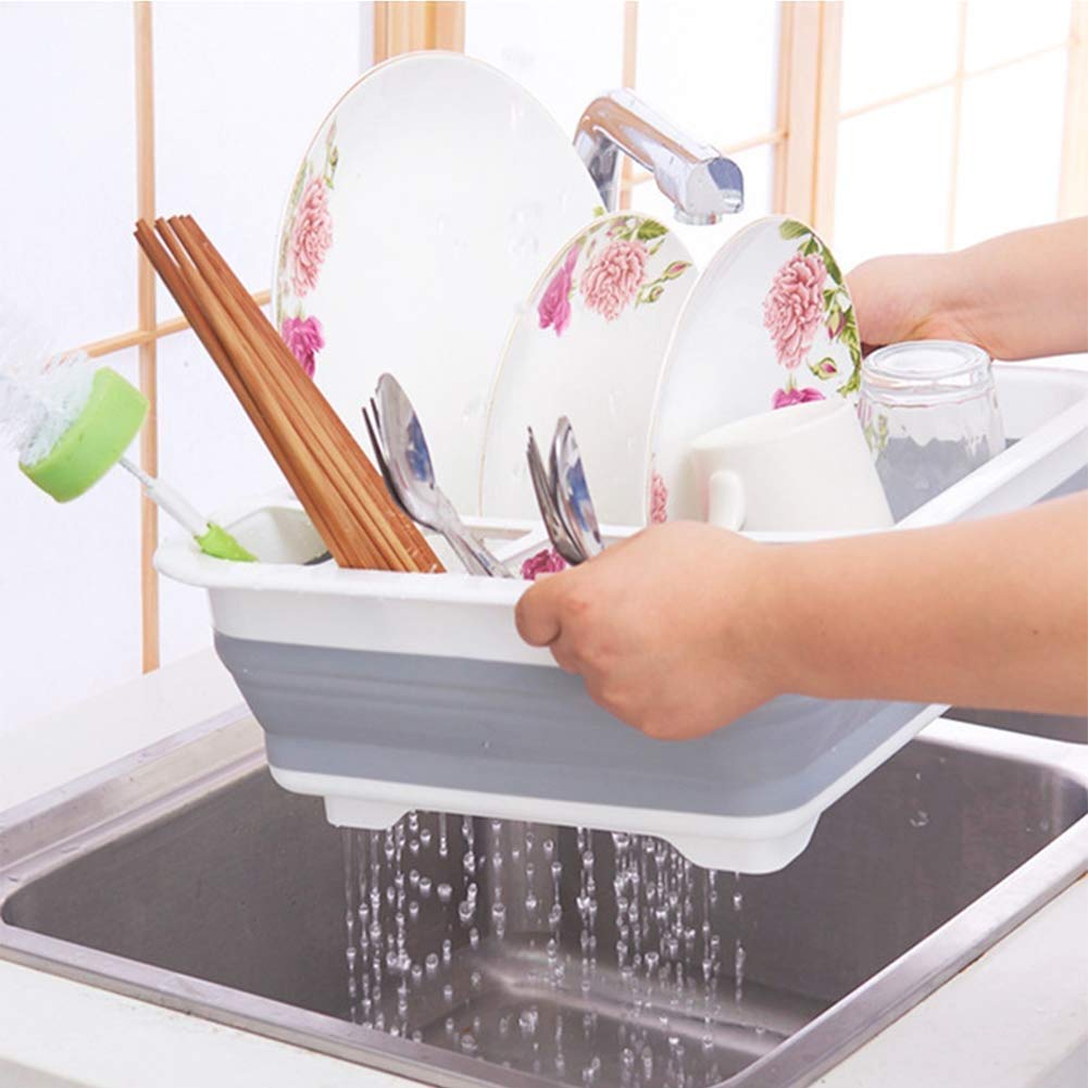 Silicone dish drying rack, collapsible, with utensil holder. collapsible dish drying rack, folding kitchen drainer, silicone dish rack, drying tray with utensil holder, rustproof dish drainer, compact dish drying rack, camping dish drainer, countertop dish tray, dishwasher safe dish rack, kitchen drying stand