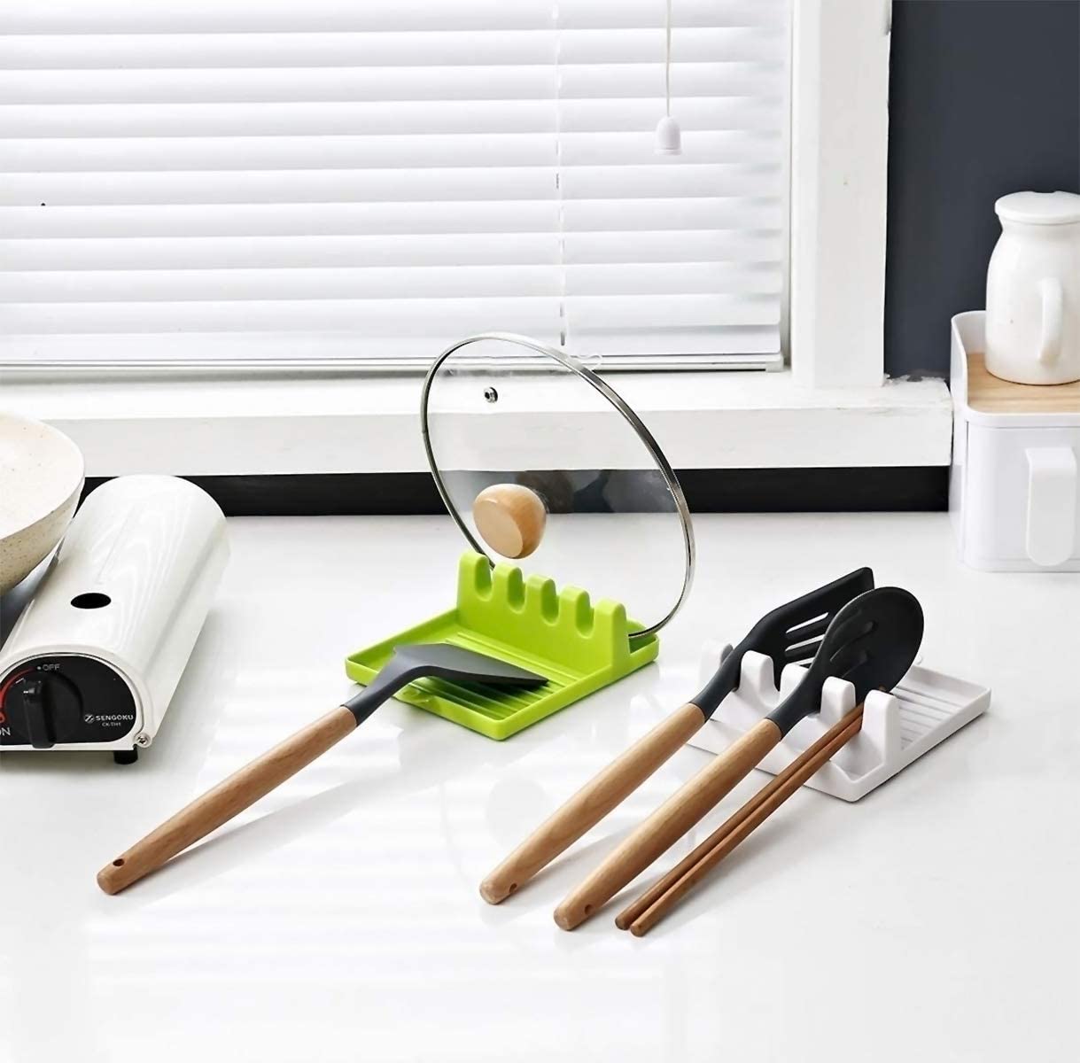 Spatula and utensil rest, designed for kitchen organization. silicone spoon rest, utensil holder tray, 4 slot spatula stand, kitchen spoon rack, heat resistant silicone mat, spatula holder tray, cooking spoon rest, multicolor utensil holder, countertop spoon rest
