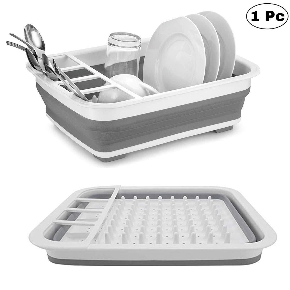 Silicone dish drying rack with utensil storage, collapsible and foldable. collapsible dish drying rack, folding kitchen drainer, silicone dish rack, drying tray with utensil holder, rustproof dish drainer, compact dish drying rack, camping dish drainer, countertop dish tray, dishwasher safe dish rack, kitchen drying stand