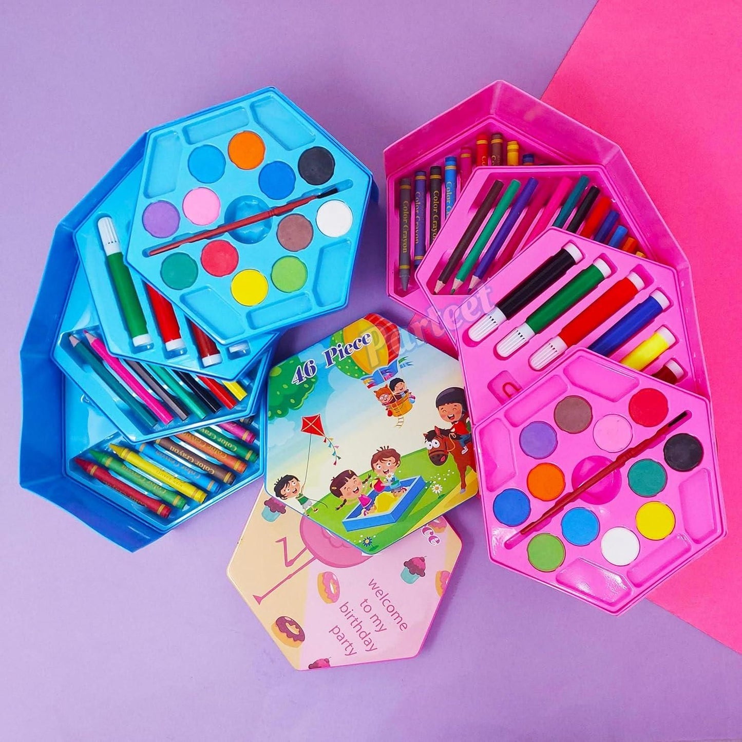 kids drawing and coloring kit complete set, art set for kids with sketch pens pencils and crayons, kids art supplies kit for school and home, 46 piece kids art kit for drawing and painting, complete creative art set for children in India