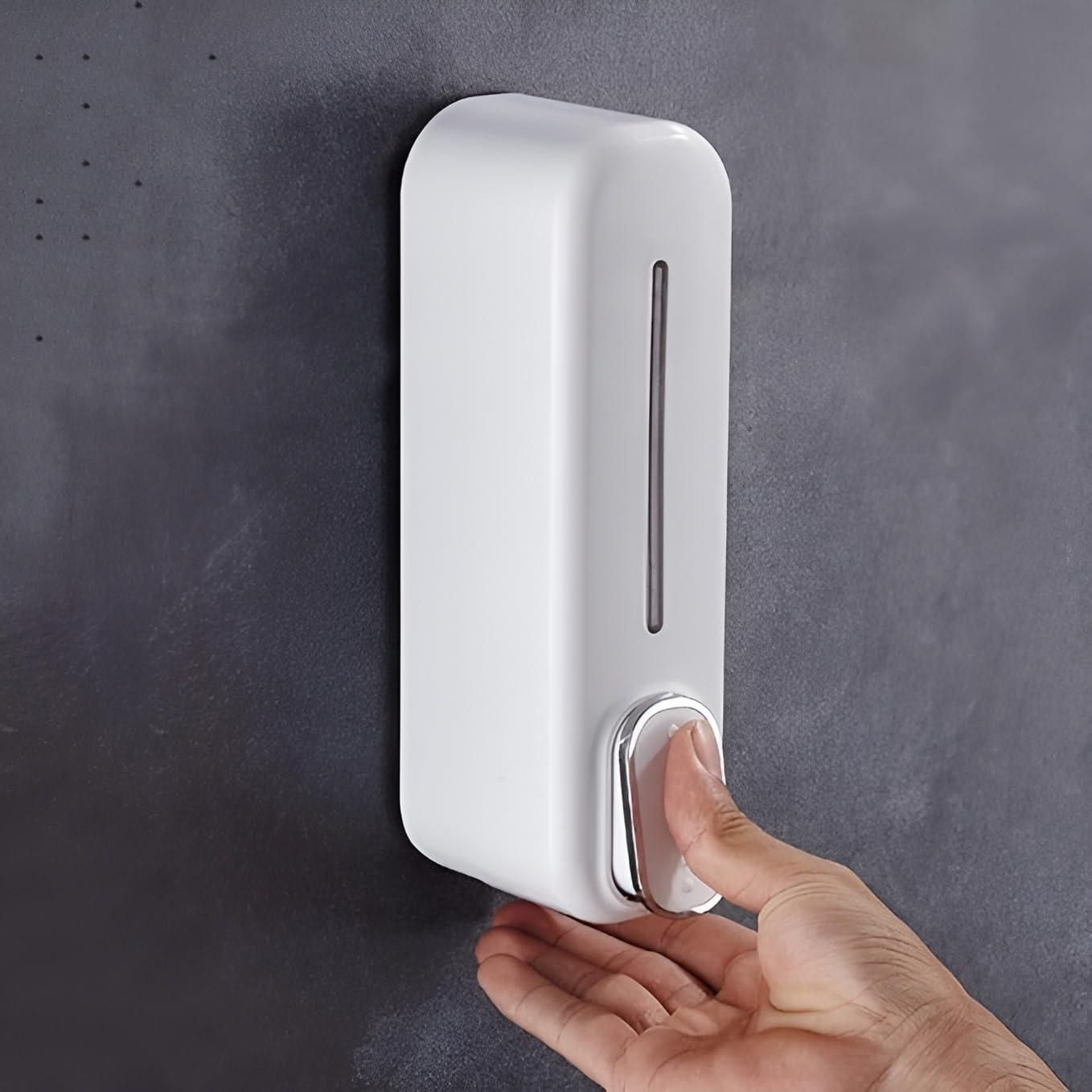 plastic soap dispenser for bathroom and kitchen use, wall-mounted hand wash container dispenser, manual hand wash dispenser for home and office, hygienic soap dispenser with refillable bottle, press-to-use wall-mounted liquid soap dispenser