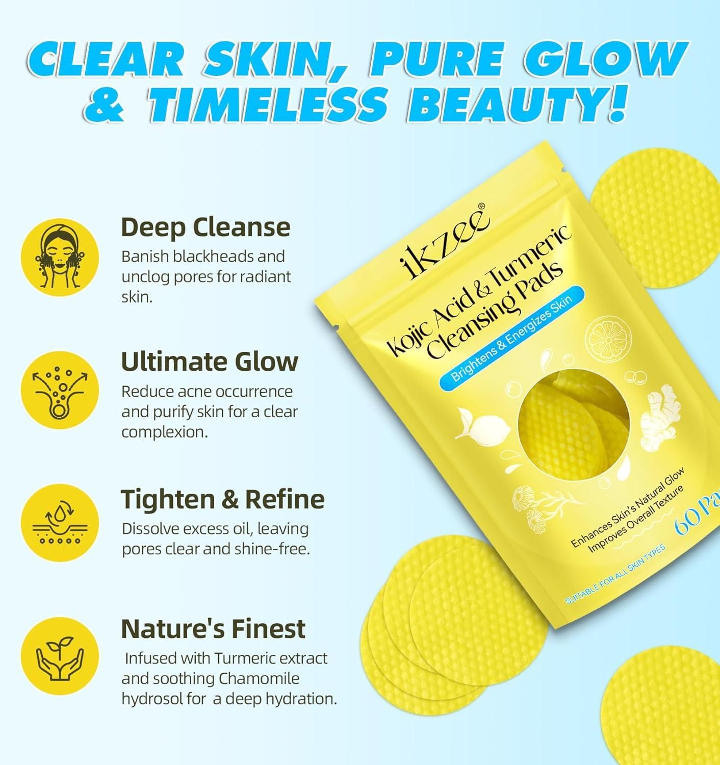 turmeric kojic acid cleansing pads for face, skin brightening exfoliating pads with turmeric, best exfoliating pads for dark spots and dull skin,