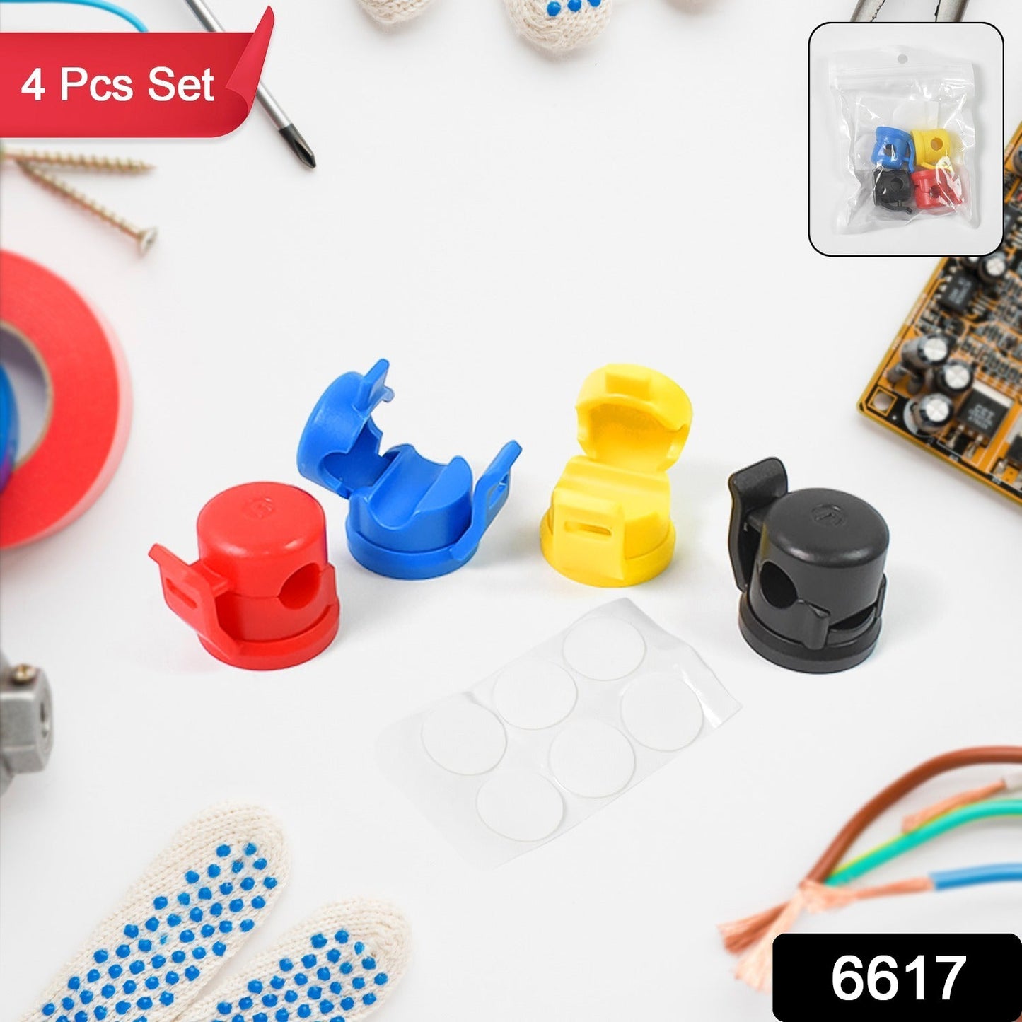 4 pc cable clips for organizing wires, multipurpose cord holders with adhesive back, cable tidy solution for desks and tables, strong grip cable clips for gadget wires, wire management clips for workstations, cable organizer for phone charging cables