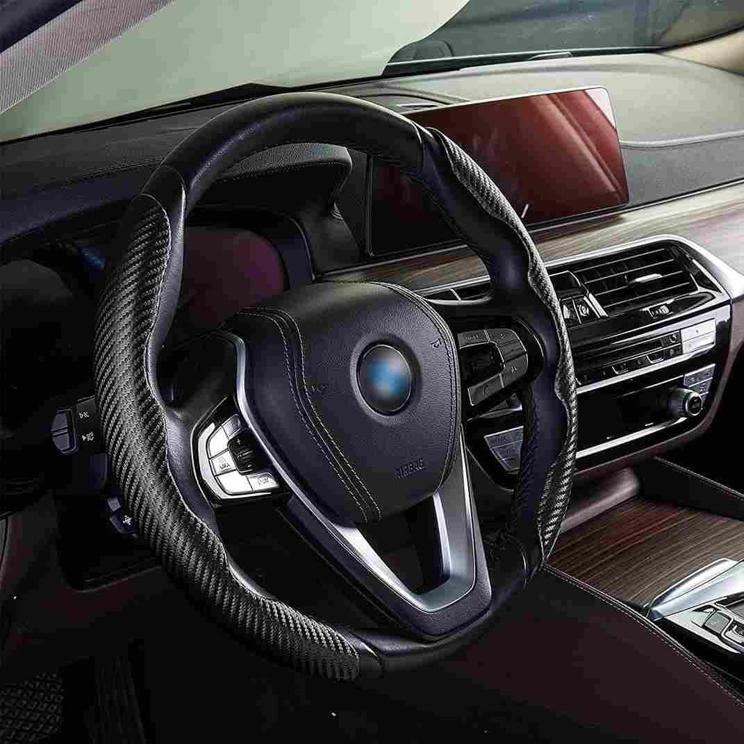 carbon fiber style steering wheel protector for vehicle, anti-slip car steering wheel grip cover random color, ABS textured steering wheel cover for improved grip, carbon fiber pattern steering wheel cover for better control, durable anti-slip steering wheel cover for safe driving, random color ABS steering wheel grip cover for cars, premium carbon fiber style steering wheel protector India