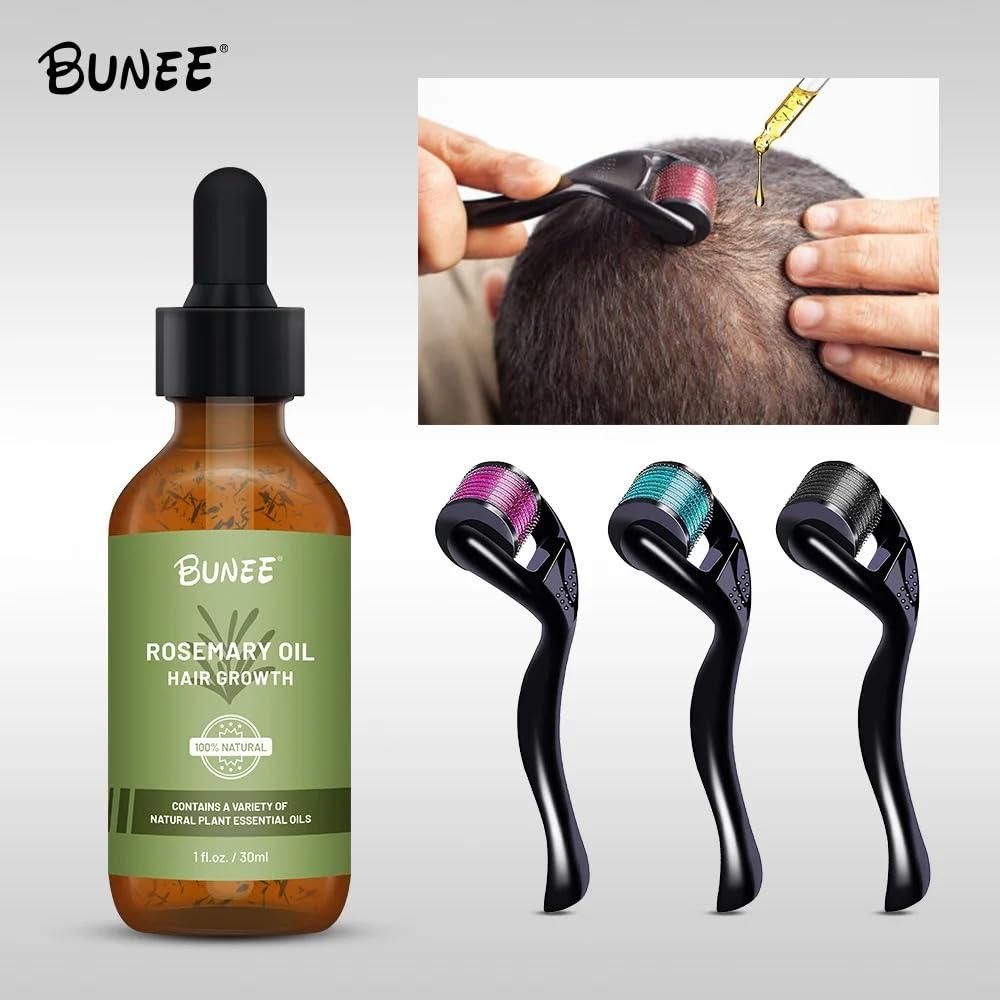 Organic Jamaican Black Castor Oil for hair regrowth, BUNEE hair serum oil with rosemary extract, Natural hair growth serum bottle top view, BUNEE hair oil combo pack for thick hair, Hair regrowth oil for men and women India, BUNEE castor oil serum side view, Herbal rosemary oil for scalp and roots, BUNEE organic serum oil flat lay, Strong roots and thick hair serum by BUNEE