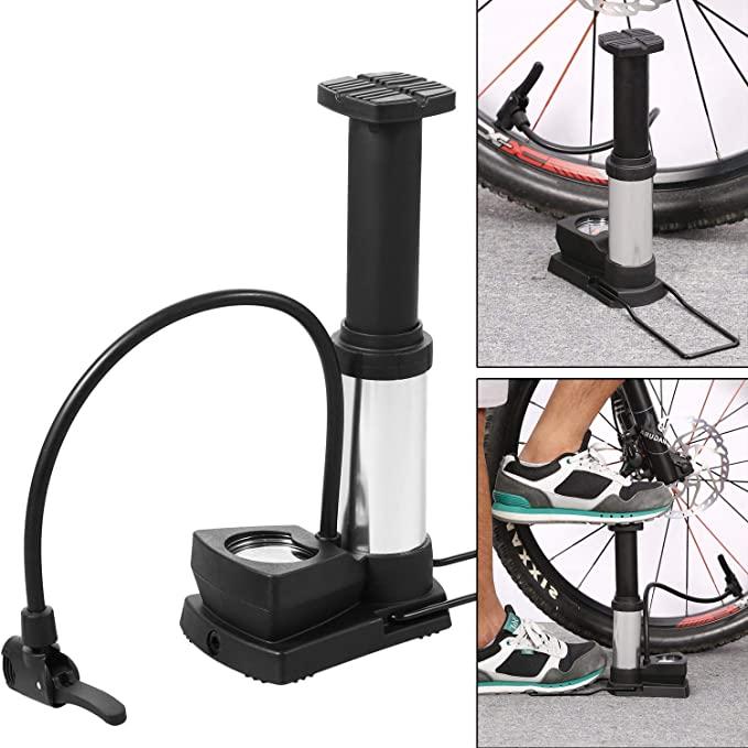 foot operated air pump for vehicle tyres India, portable tyre inflator foot press with pressure monitor, aluminium and plastic tyre inflator for easy use, foot activated tyre pump for bike and car tyres, compact foot pump air inflator with gauge for tyres, lightweight portable tyre inflator foot operated with pressure gauge