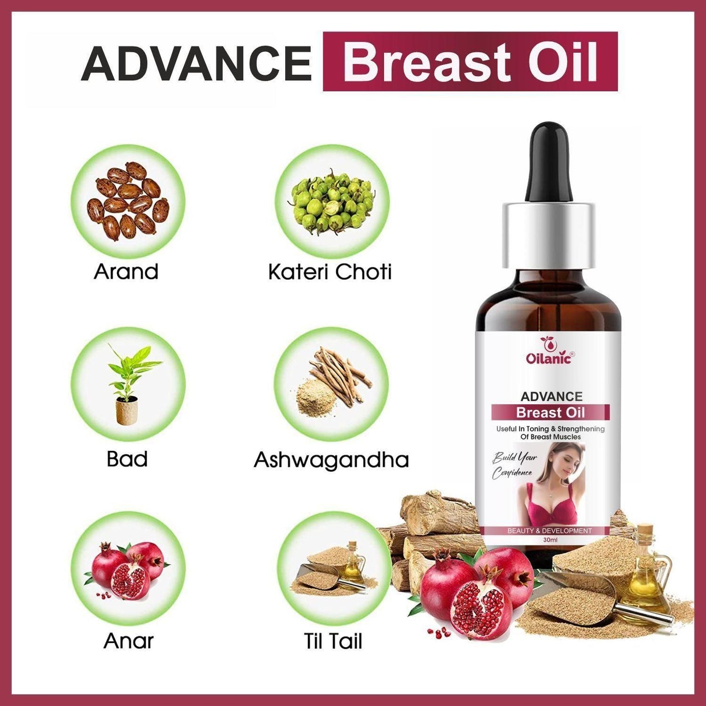 Oilanic Natural B 36 Plus breast enlargement oil India, herbal breast growth and firming oil, best breast enlargement oil for women, natural breast enhancement oil 30ml