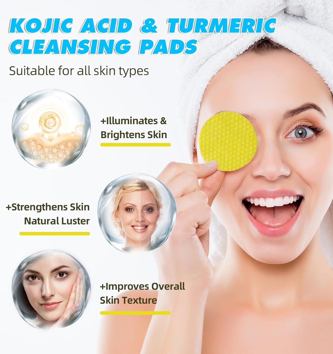 facial cleansing pads with kojic acid, turmeric infused face exfoliator pads, brightening facial pads for dark spots, kojic acid skin treatment pads, skin tone evening pads for face, anti-pigmentation cleansing pads, exfoliating facial pads for glowing skin, turmeric kojic acid face scrub pads