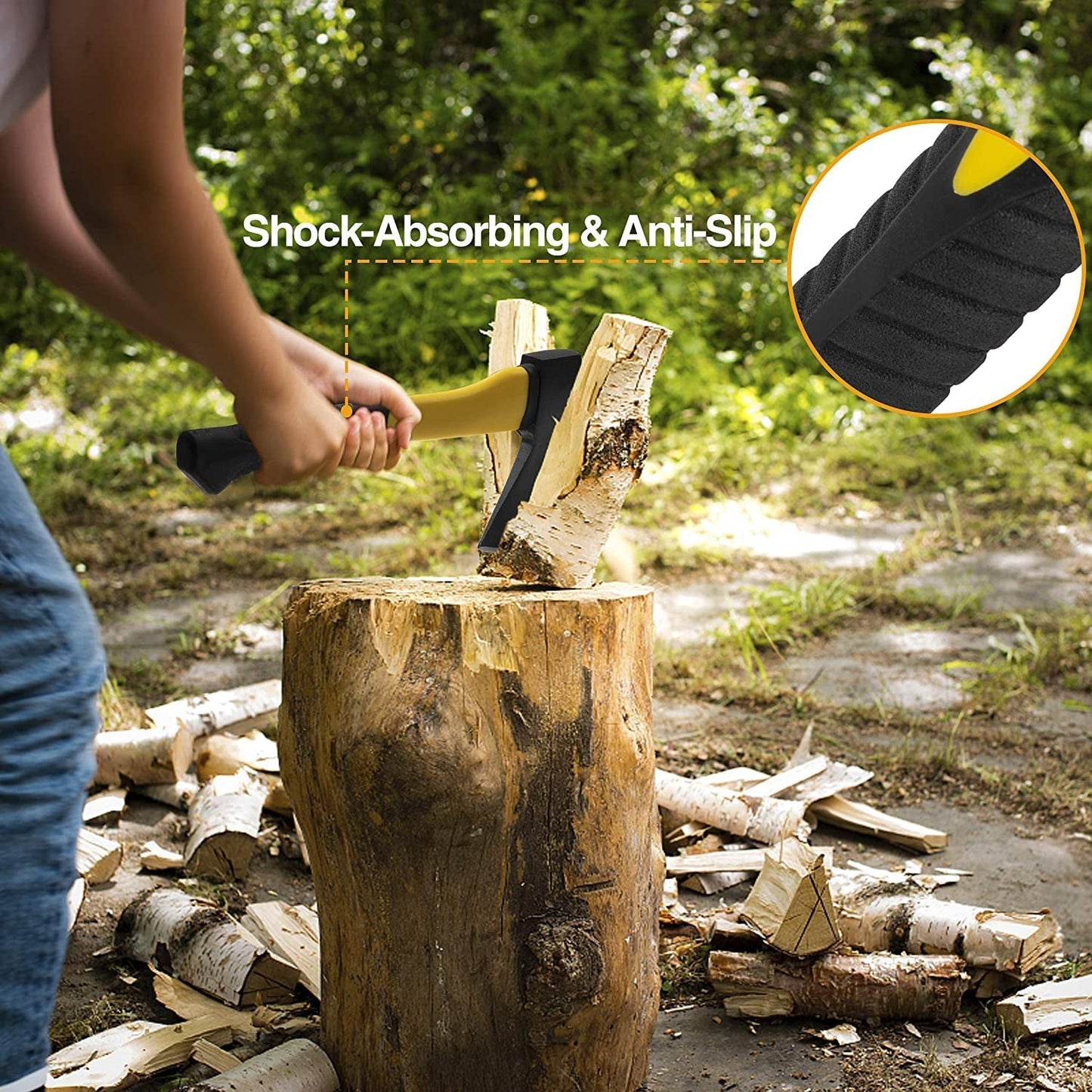 the wood cutting axe with a rubberized handle and fiberglass body, hatchet axe, fiberglass axe, wood cutting axe, gardening axe, camping hatchet, outdoor axe, safety axe, lightweight axe, rubber grip axe, 685g axe