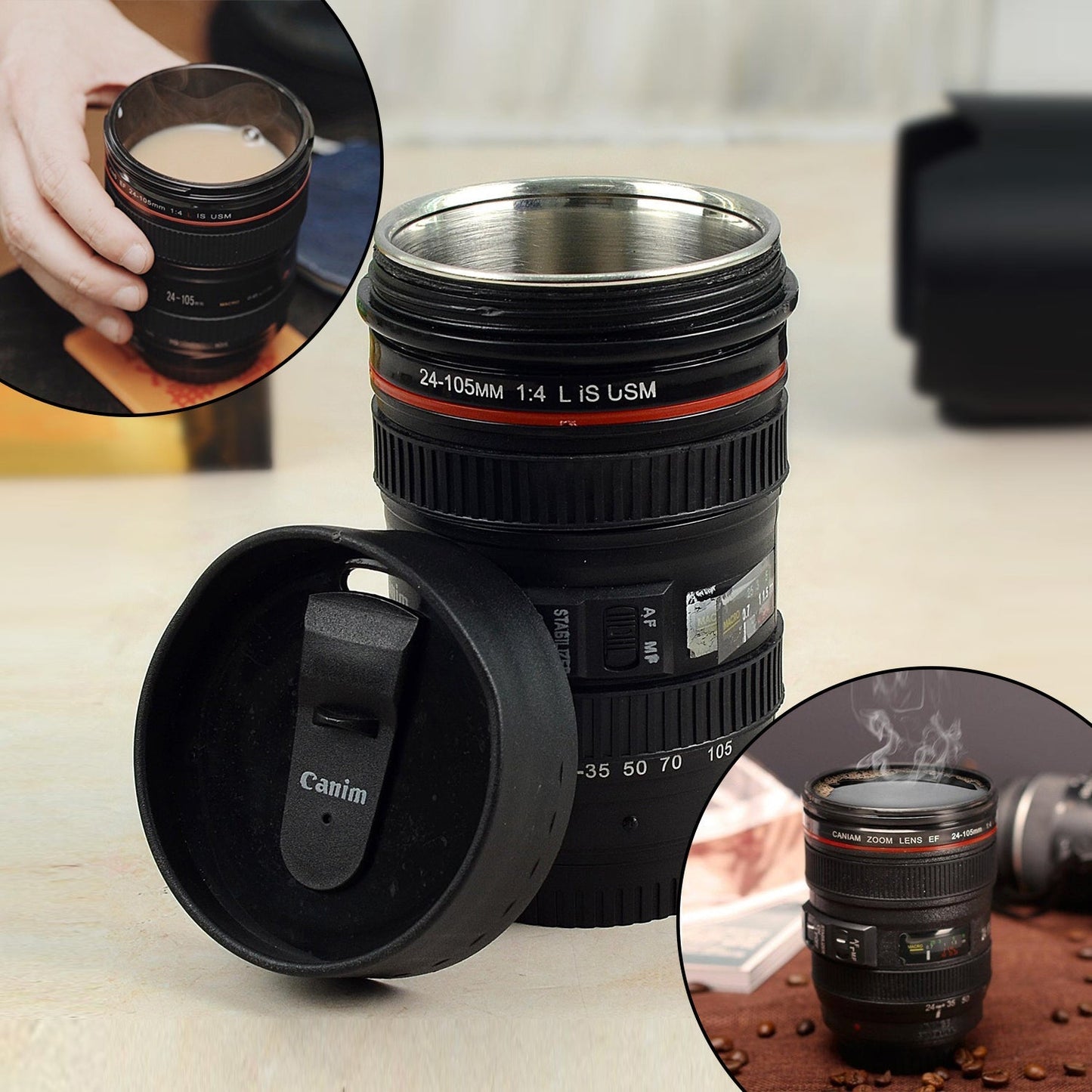 Plastic camera lens coffee mug made from stainless steel, featuring a detailed and realistic design, camera lens coffee mug, photography mug, coffee mug with lid, 350ml travel cup, DSLR lens mug, coffee gift for photographers, insulated beverage mug