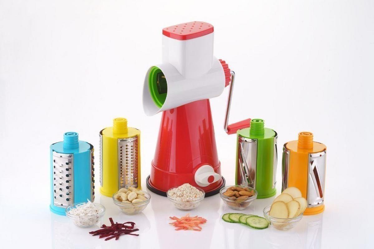 4-in-1 rotary vegetable grater, stainless steel grater and slicer, multi-functional vegetable grater, rotary grater with stainless steel drums, kitchen vegetable slicer and grater, manual rotary vegetable grater India, stainless steel drum grater for vegetables, compact rotary slicer and grater, kitchen tool vegetable grater 4-in-1, durable stainless steel vegetable slicer
