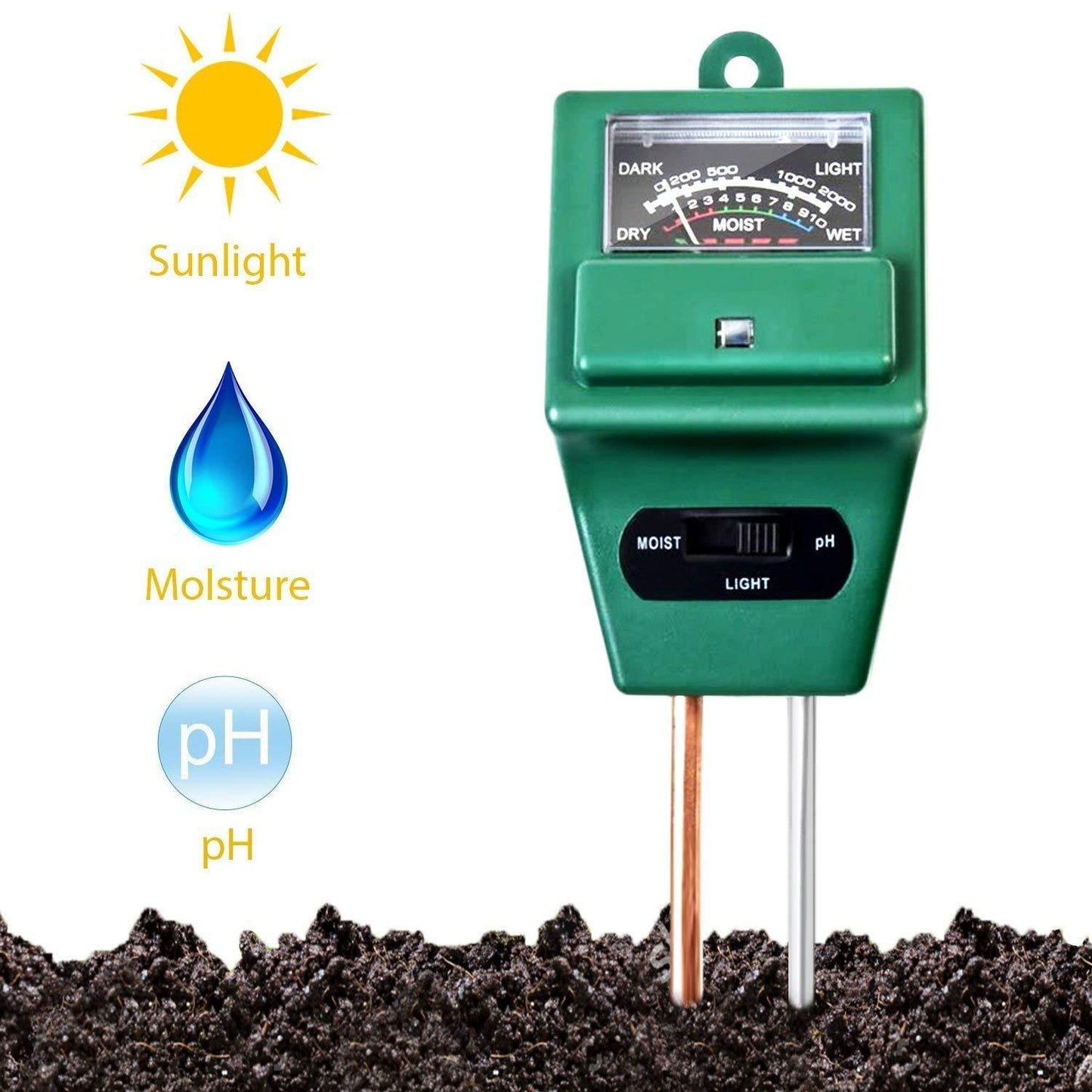 3-way pH meter for accurate soil testing. 3-in-1 soil meter, gardening soil tester, moisture and pH meter, plant light sensor, soil analyzer for garden, no battery soil tool