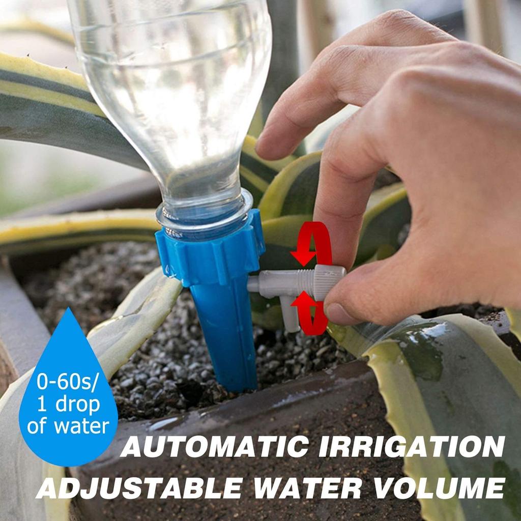 Irrigation system for home gardens, self watering spikes, drip irrigation spikes, automatic watering for plants, adjustable valve plant waterer, gardening spikes, plant watering system, indoor outdoor plant drip, bottle irrigation spikes, garden drip spike, plant hydration tool