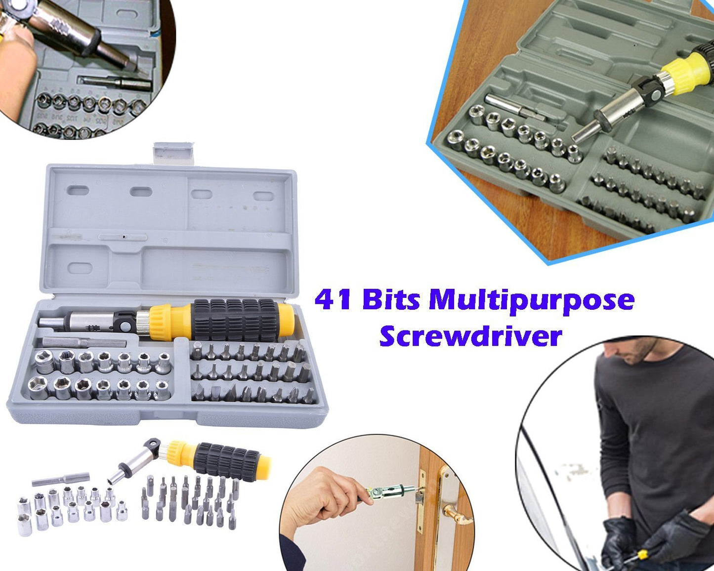 Comprehensive tool kit with sockets and screwdrivers, socket tool kit, screwdriver set 41 pcs, ratchet wrench set, drill-compatible bit set, chrome tool set, DIY tool kit, socket set with case
