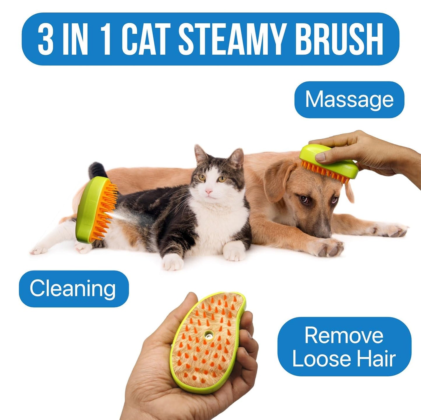 pet hair remover brush with massage tips, steamy cat brush for shedding and smooth fur, cat brush for home grooming and hair care