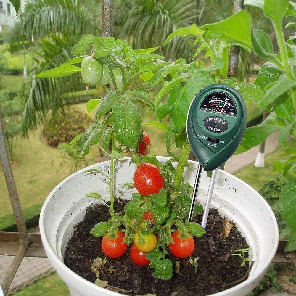 Green 3-in-1 soil meter for plants. soil moisture meter, 3-in-1 soil tester, plant pH sensor, garden soil tester, sunlight meter for plants, plant moisture meter, soil test tool