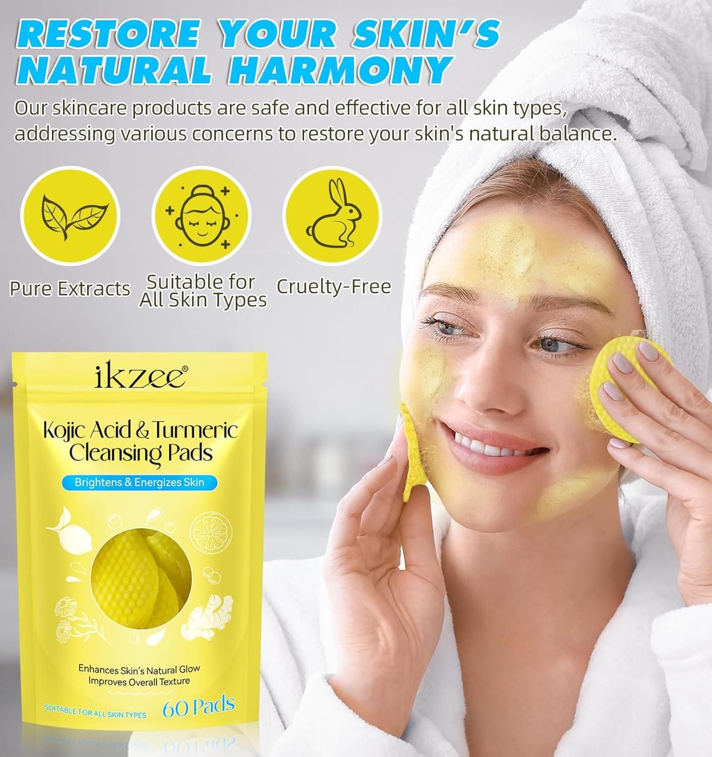turmeric skin care, exfoliator pads for face, kojic acid face pads, cleansing pads for glowing skin, anti-pigmentation face pads, tan removal facial pads, turmeric face care, skin tone evening pads, brightening exfoliating pads