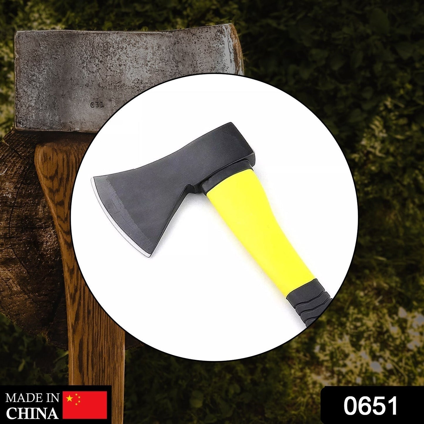 Rubberized handle wood cutting axe with a fiberglass body, showing detailed construction, hatchet axe, fiberglass axe, wood cutting axe, gardening axe, camping hatchet, outdoor axe, safety axe, lightweight axe, rubber grip axe, 685g axe