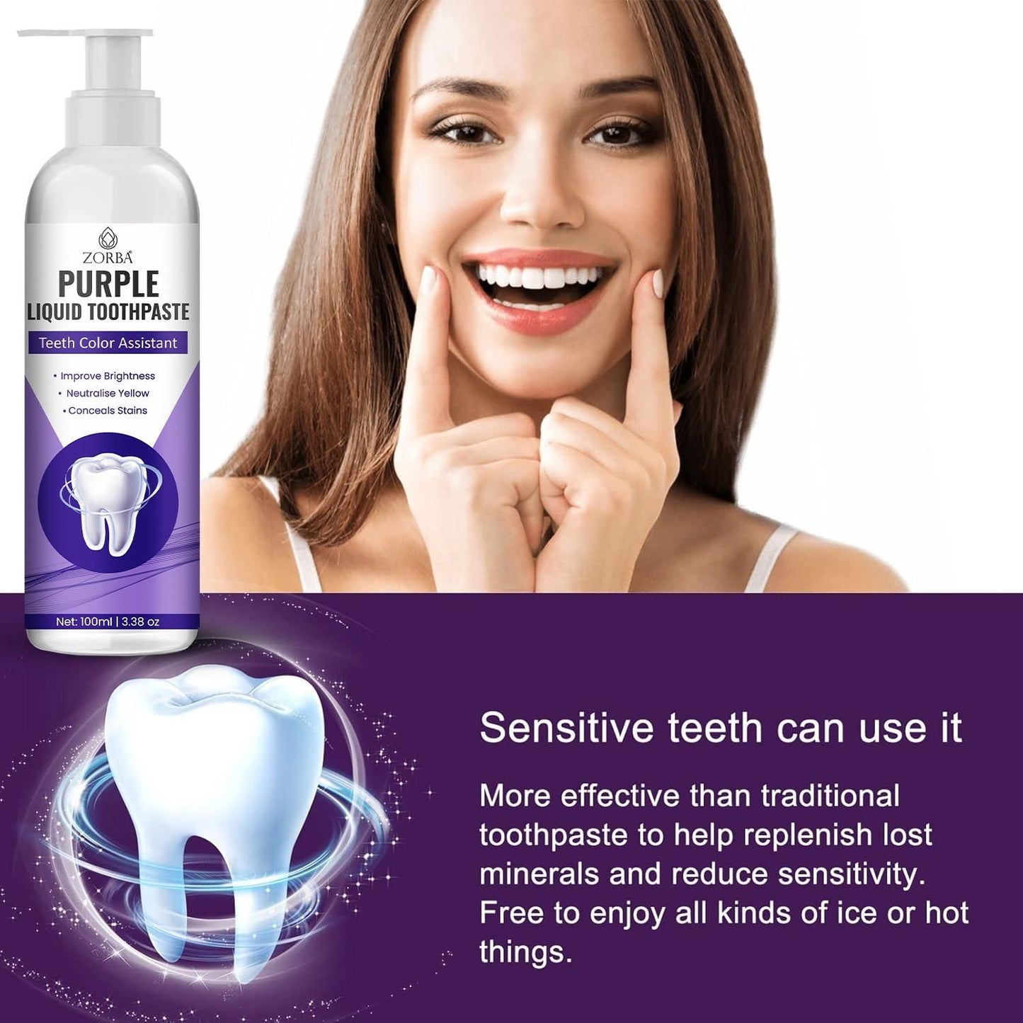 best purple toothpaste for whitening teeth India, color correcting toothpaste for yellow stains, ZORBA liquid toothpaste for bright smile, purple gel toothpaste for daily use, whitening and brightening toothpaste for men and women, color corrector toothpaste with deep clean formula, best toothpaste for stained teeth India, purple teeth whitening gel toothpaste, liquid toothpaste pack of 2 India, 200ml color corrector toothpaste for white teeth