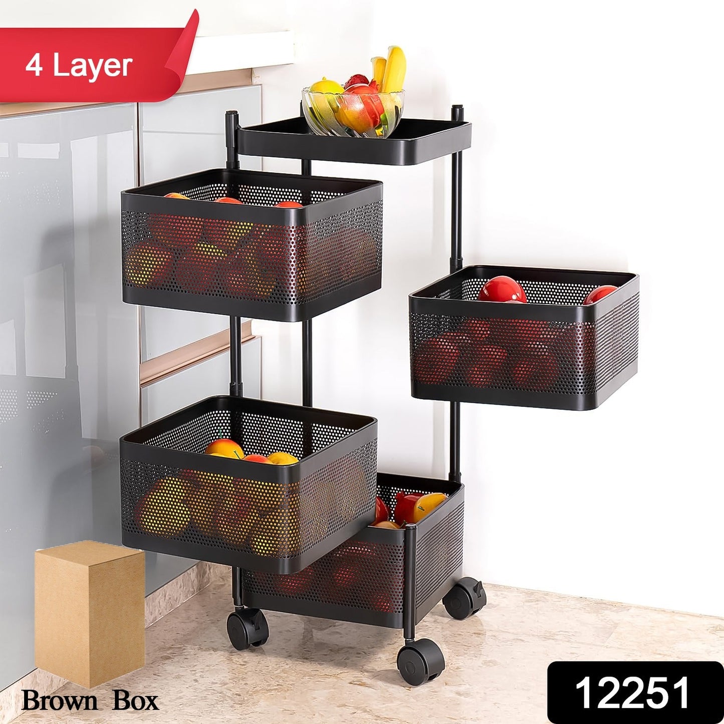 4 tier kitchen rack on wheels for vegetables and jars, portable kitchen shelf unit with square metal frame,