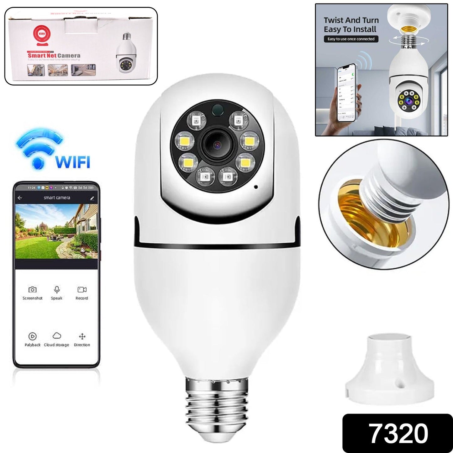 V380 panoramic camera with night vision and motion detection, ceiling mounted 360° security camera for full coverage, compact home surveillance camera with wide-angle view, wireless CCTV camera with 2-way audio and app control, HD IP fisheye camera for room and hallway security