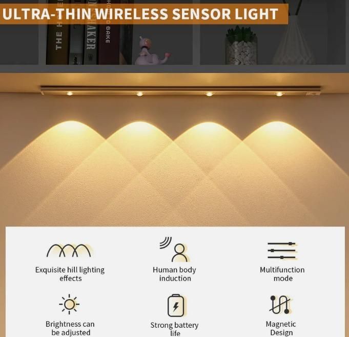 USB rechargeable wireless cabinet light, stick-on LED motion light for wardrobe and drawers, motion sensor light with warm and white modes, LED rechargeable cabinet light with motion detection,