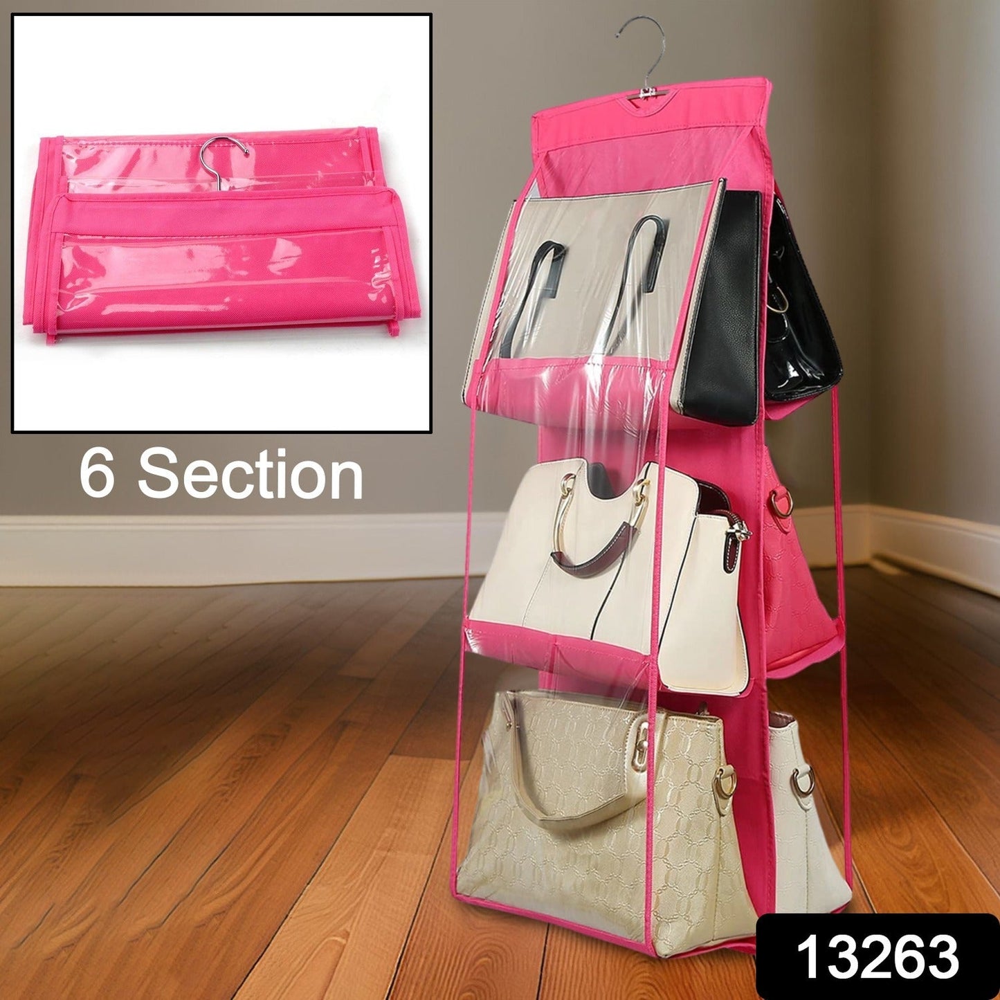 clear hanging purse organizer, 6 pocket handbag organizer, hanging closet bag organizer, transparent purse storage bag, hanging shelf organizer for handbags, closet space saver for bags, clear purse holder with pockets, vertical hanging bag organizer