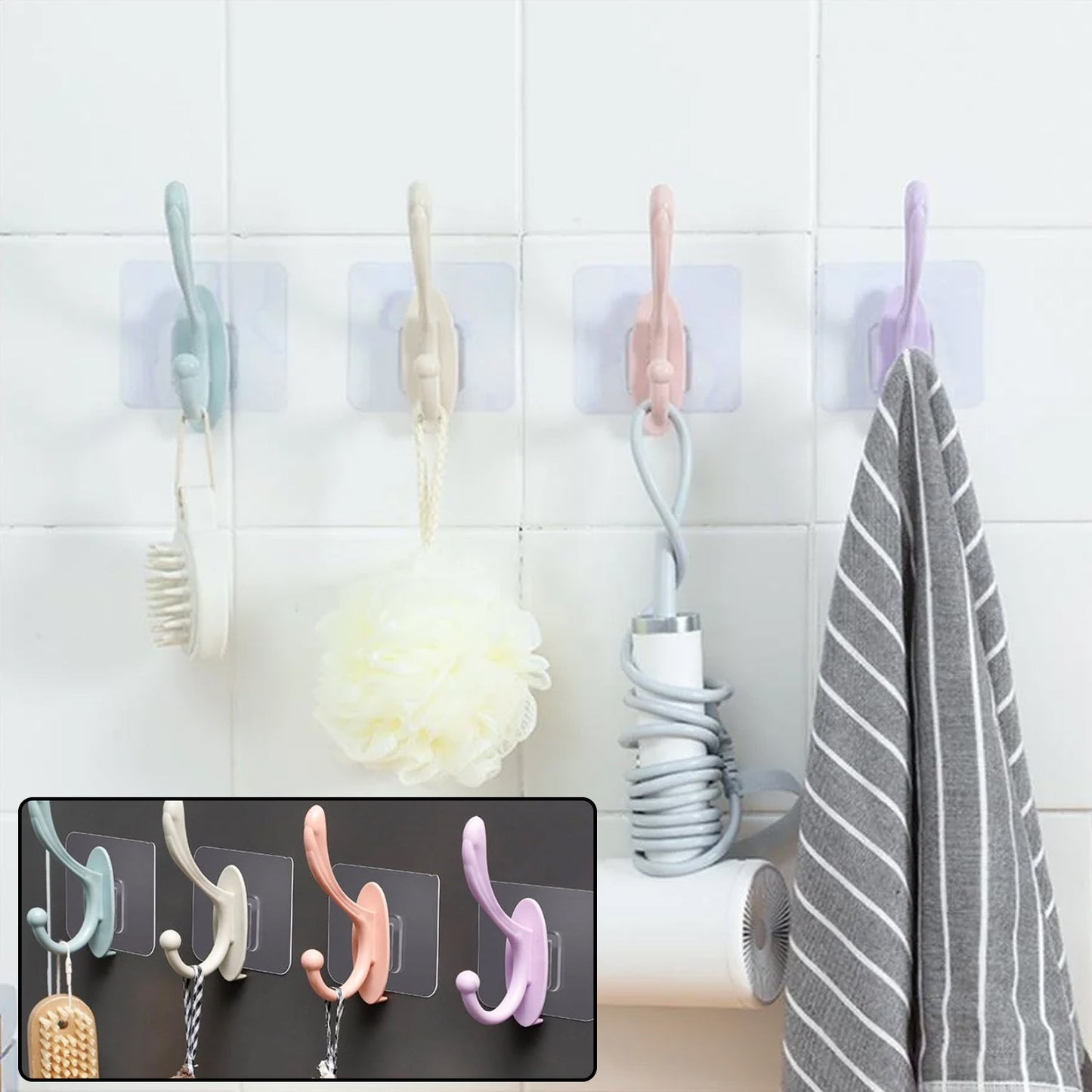 Plastic wall hook, self-adhesive, for home use. adhesive wall hook, waterproof wall hook, kitchen towel hook, bathroom hook, oil proof wall hanger, key holder, self adhesive hook, no drill hook