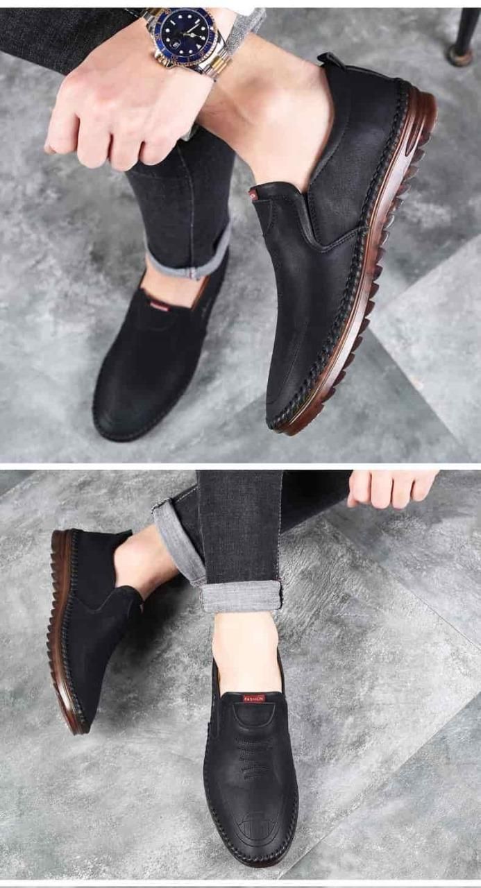 men’s black leather slip-on footwear, casual leather shoes for men, black slip-on shoes for office men, men’s daily wear leather shoes, soft leather casual shoes men, stylish black slip-on shoes for men