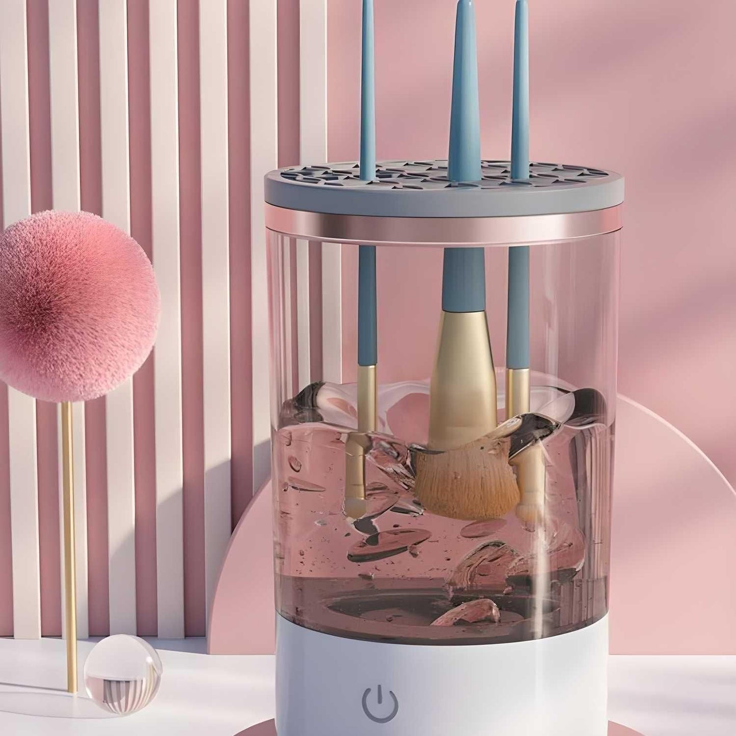 automatic deep cosmetic brush cleaning device, electric makeup brush cleaner for medium skin tone, rechargeable brush cleaner for cosmetics, USB powered makeup brush cleaning tool, deep cleaning electric brush cleaner,