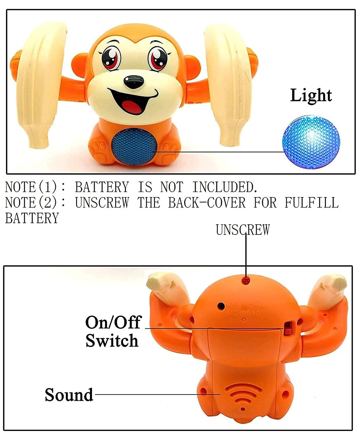 battery operated monkey toy with dancing function, educational musical toys for toddlers India, sound and light toy for baby and kids, banana monkey musical toy for fun learning, voice activated monkey toy dancing and spinning action