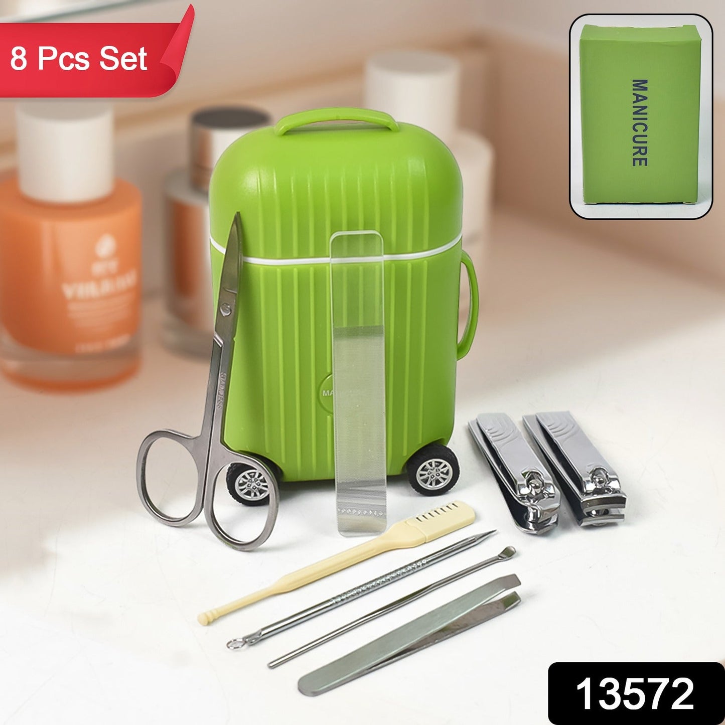 nail care kit for salon and home use, portable nail grooming kit with stylish trolley, mini rolling case with pedicure and manicure tools, compact nail care set for travel and home, salon-quality nail kit in trolley box, stainless steel nail clippers and tools set