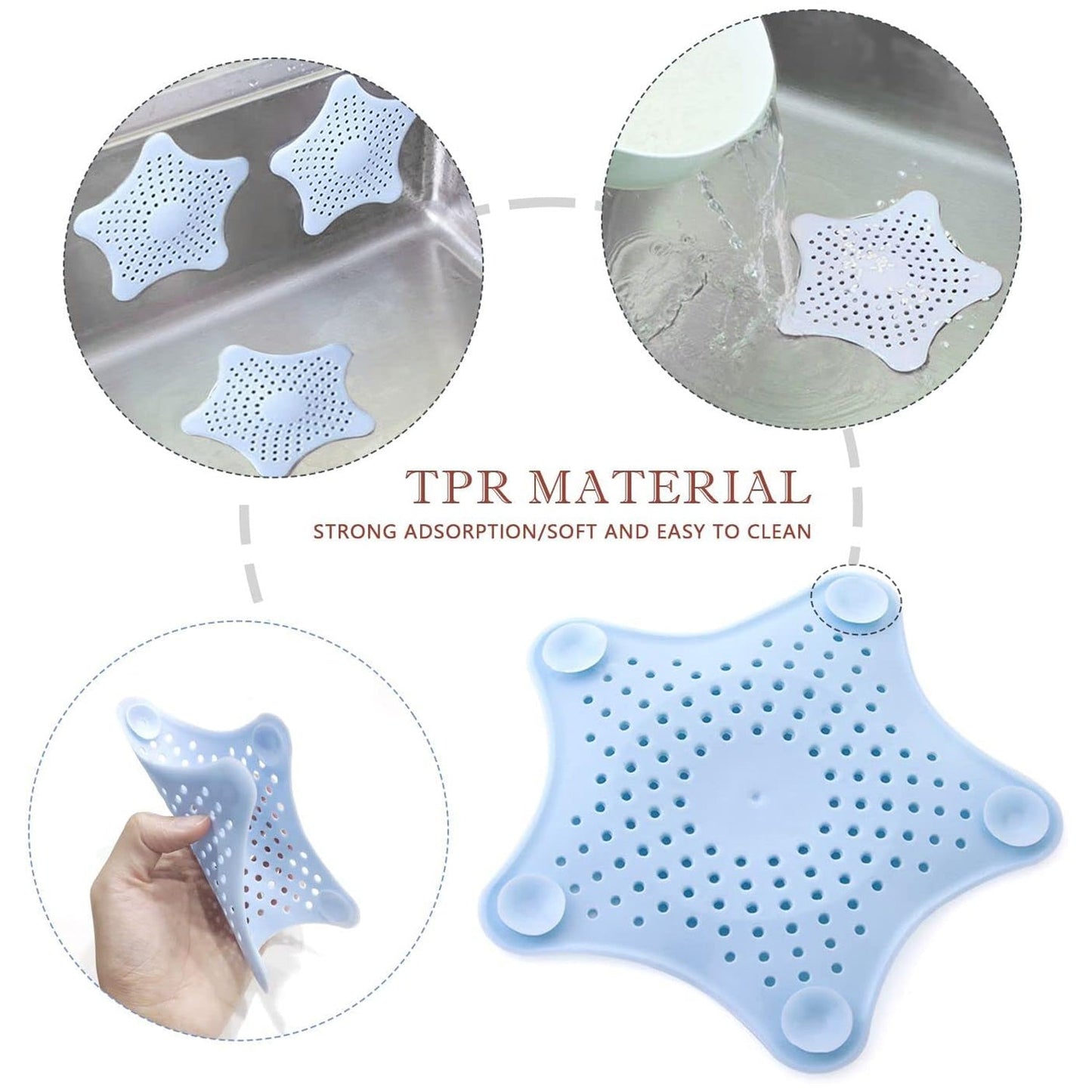 Drain strainer in star design to stop clogs in sinks, star shape drain filter, hair catcher for sink, suction cup drain strainer, bathroom sink hair stopper, kitchen sink strainer, drain cover trap